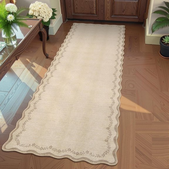 2x6 Scalloped Washable Runner Rug for Kitchen, Soft Tan Jute Hallway Runner Non Slip Entryway Rug Farmhouse