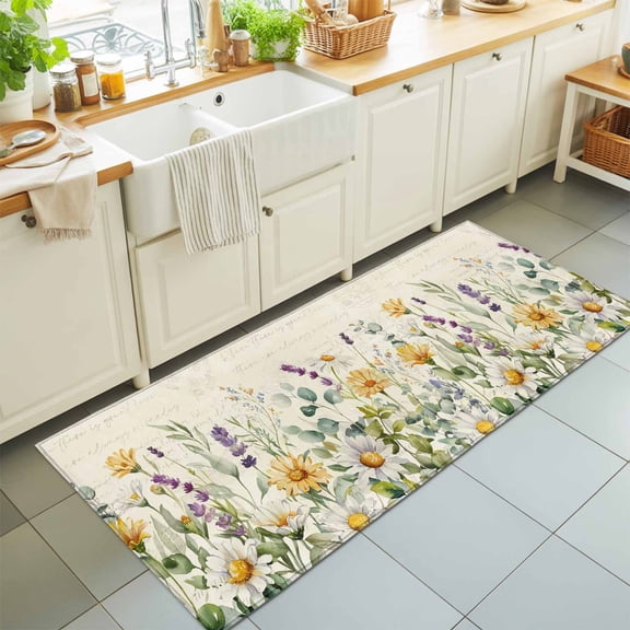 2x6 Spring Floral Runner Rug for Hallway, Washable Non Slip Low Pile Soft Indoor Runner for Kitchen Laundry Bedroom, Green Leaves Daisy Flower Floor Runner