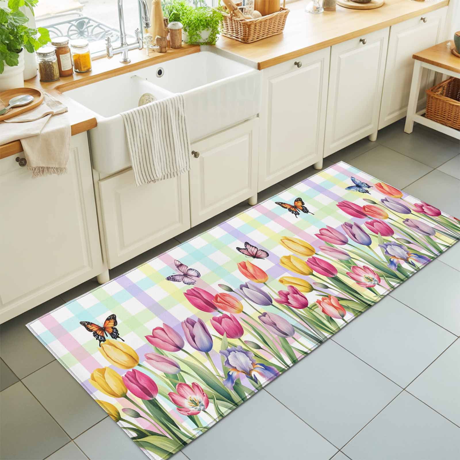 Spring Flower Simpl 2x6 Tulip Butterfly Dragonfly Runner Rug for Hallway, Washable Non Slip ...