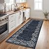2x6 Vintage Floral Bordered Distressed Runner Rug, Tufted TPE Non Slip Washable Low Pile Hallway Entryway Carpet,blue