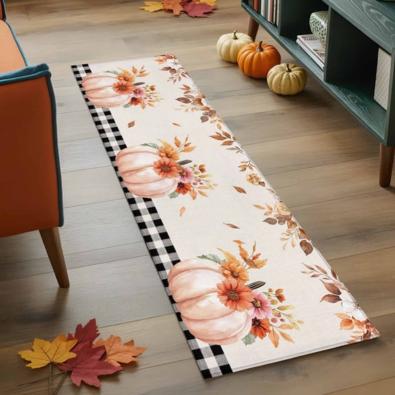 Pink Flower 2x6 Washable Area Rugs,Pink Pumpkin Flower Autumn Thanksgiving Non-Slip ...