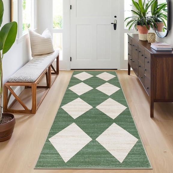 2x6 Washable Checkered Runner Rugs for Kitchen Entryway Bedroom Bedside Living Room Non Slip Modern Office Carpet Low Pile Neutral Soft Nursery Carpet Distressed Trellis Farmhouse Rug Green