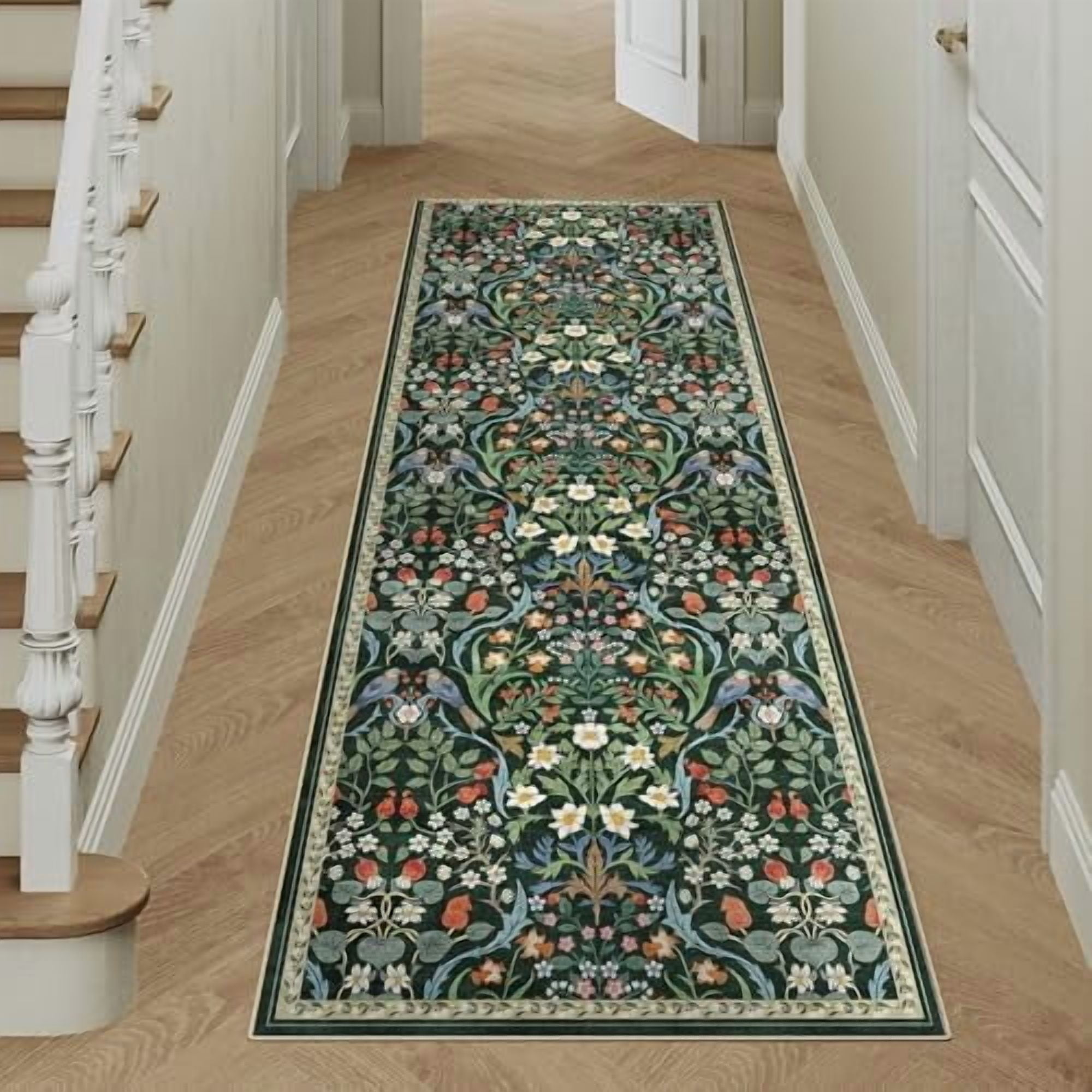2x6 Washable Dark Green Floral Runner Rug for Living Room Soft Low Pile ...