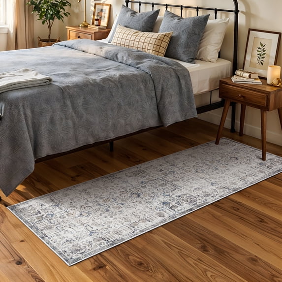 2x6 Washable Hallway Runner Rug - Vintage Kitchen Rugs with Non Slip Backing Low Pile Stain Resistant Entryway Bedroom Carpet Distressed Indoor Home (2'x6', Brown)