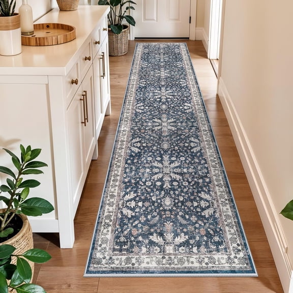 Washable Hallway Runner Rug 2x10: Non Slip Vintage Boho Carpet with Rubber Backing for Kitchen Entryway Hall Holiday Farmhouse Neutral Cream Long Runners (Blue,2'x10')