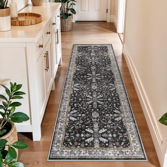 2x6 Washable Kitchen Runner Rug - Non-slip Boho Vintage Carpet For Hallway  Entryway Bedroom & Bathroom Soft Low-pile Thin Area With Rubber Backing (black 2x6)