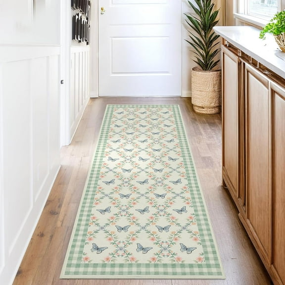 2x6 Washable Modern Pattern Rug, Non-Slip, Low Pile, Soft Carpet for Living Room, Bedroom, Indoor Use, Green.