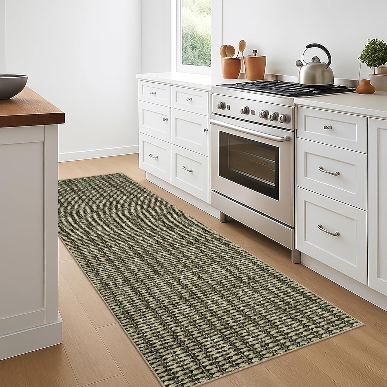 Reinforced Backing Rug 2x6 Washable Modern Textured Stripe Rug Thin Non-Slip Low Pile Stain ...