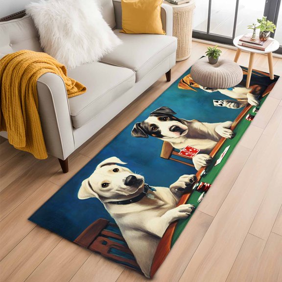 2x6 Washable Runner Rug, Abstract Animal Non-Slip Hallway Runner for Entryway Kitchen Bedroom, Dog Playing Poker Game Chips Blue Room Funny Indoor Carpet Runner Floor Mat