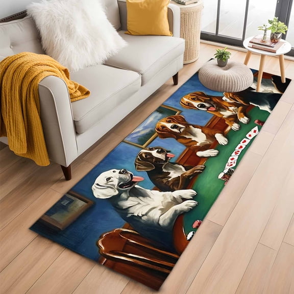 2x6 Washable Runner Rug, Abstract Animal Non-Slip Hallway Runner for Entryway Kitchen Bedroom, Dog In The Room Play Poker Game Indoor Carpet Runner Floor Mat