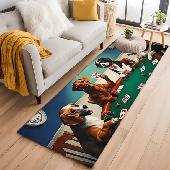 2x6 Washable Runner Rug, Abstract Animal Non-Slip Hallway Runner for Entryway Kitchen Bedroom, Dog In The Room Playing Poker Games Indoor Carpet Runner Floor Mat