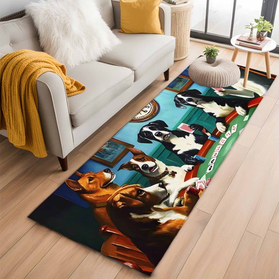2x6 Washable Runner Rug, Abstract Animal Non-Slip Hallway Runner for Entryway Kitchen Bedroom, Dog In The Room Poker Game Indoor Carpet Runner Floor Mat