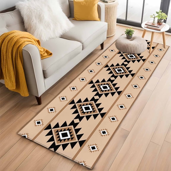 2x6 Washable Runner Rug, Aztec Triangle Pattern Non-Slip Hallway Runner for Entryway Kitchen Bedroom, Brown Black Western Tribal Indoor Carpet Runner Floor Mat