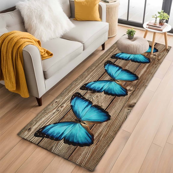 2x6 Washable Runner Rug, Blue Butterfly Non-Slip Hallway Runner for Entryway Kitchen Bedroom, Vintage Brown Wood Grain Retro Bug Indoor Carpet Runner Floor Mat