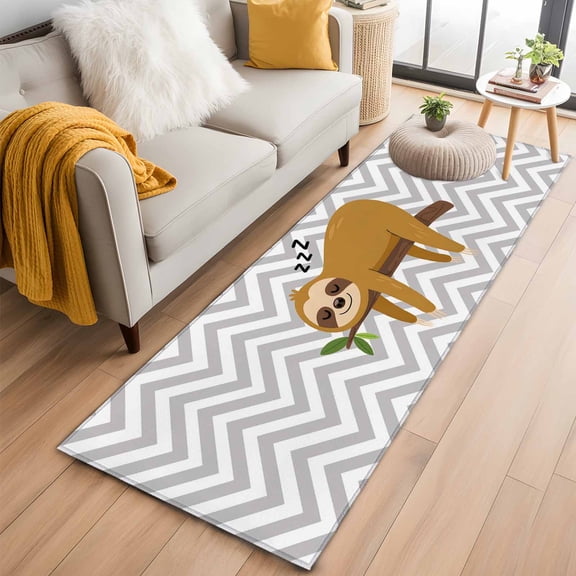 2x6 Washable Runner Rug, Cartoon Animals Non-Slip Hallway Runner for Entryway Kitchen Bedroom, Brown Sleeping Lazy Sloths Grey Chevron Indoor Carpet Runner Floor Mat