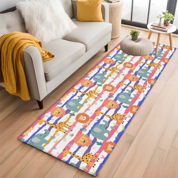 2x6 Washable Runner Rug, Cute Animals Non-Slip Hallway Runner for Entryway Kitchen Bedroom, Lovely Cartoon Lion Giraffe Elephant Leaf Colorful Stripe Indoor Carpet Runner Floor Mat