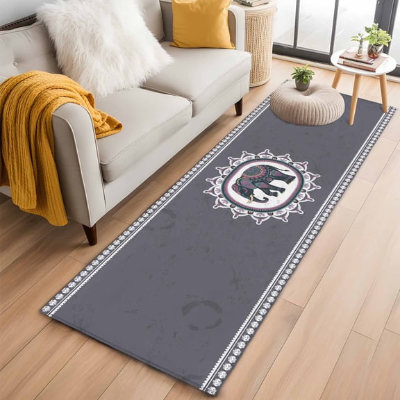 2x6 Washable Runner Rug, Ethnic Style Elephants Non-Slip Hallway Runner for Entryway Kitchen Bedroom, Retro National Animal Floral Indoor Carpet Runner Floor Mat