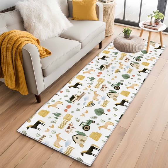 2x6 Washable Runner Rug, Farm Non-Slip Hallway Runner for Entryway Kitchen Bedroom, Farmhouse Cartoon Horse Cow Chicken Fence Truck Tree Leaf Indoor Carpet Runner Floor Mat