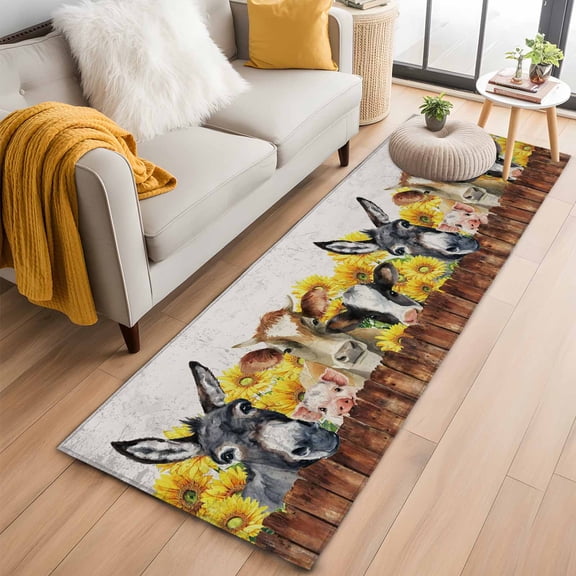 2x6 Washable Runner Rug, Farm Non-Slip Hallway Runner for Entryway Kitchen Bedroom, Vintage Farmhouse Donkey Pig Cow Sunflower Leaf Wood Fence Indoor Carpet Runner Floor Mat