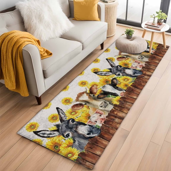 2x6 Washable Runner Rug, Farm Sunflower Non-Slip Hallway Runner for Entryway Kitchen Bedroom, Vintage Farmhouse Donkey Pig Cow Flower Leaf Wood Fence Indoor Carpet Runner Floor Mat