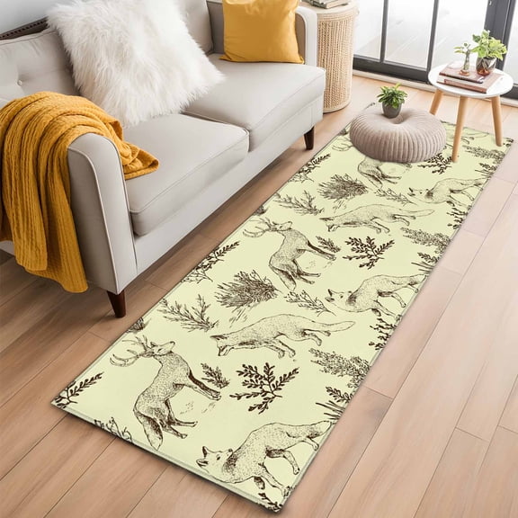 2x6 Washable Runner Rug, Forest Animal Non-Slip Hallway Runner for Entryway Kitchen Bedroom, Line Drawing Deer Fox Cool Wolf Spring Weed Casual Indoor Carpet Runner Floor Mat