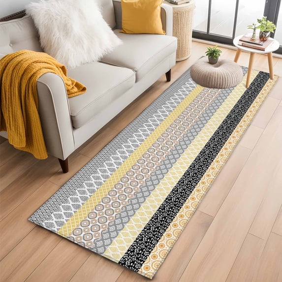 2x6 Washable Runner Rug, Geometric Bohemia Non-Slip Hallway Runner for Entryway Kitchen Bedroom, Stripes Brown Yellow and Black Indoor Carpet Runner Floor Mat