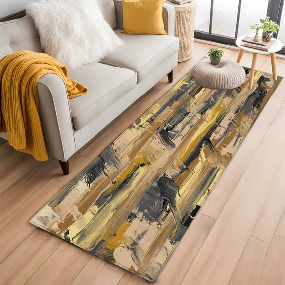 2x6 Washable Runner Rug, Gray Yellow Non-Slip Hallway Runner for Entryway Kitchen Bedroom, Abstract Modern Retro Polypropylene Pigment Taxture Indoor Carpet Runner Floor Mat