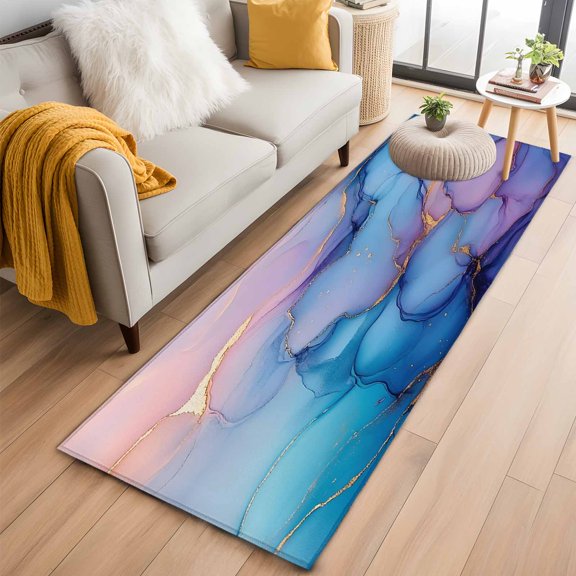 2x6 Washable Runner Rug, Marble Non-Slip Hallway Runner for Entryway Kitchen Bedroom, Abstract Art Purple Blue Gradient Cave Rock Golden Lines Indoor Carpet Runner Floor Mat