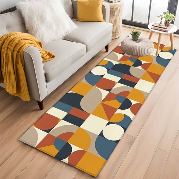 2x6 Washable Runner Rug, Mid Century Non-Slip Hallway Runner for Entryway Kitchen Bedroom, Orange Brown Beige Blue Abstract Retro Geometric Modern Indoor Carpet Runner Floor Mat