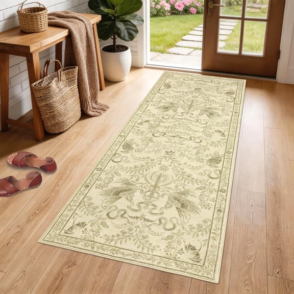 2x6 Washable Runner Rug, Non-Slip Gothic Hallway Carpet, Easy Care Foldable Door Mat for Kitchen Entryway, Oriental Sword Carpet, Camel