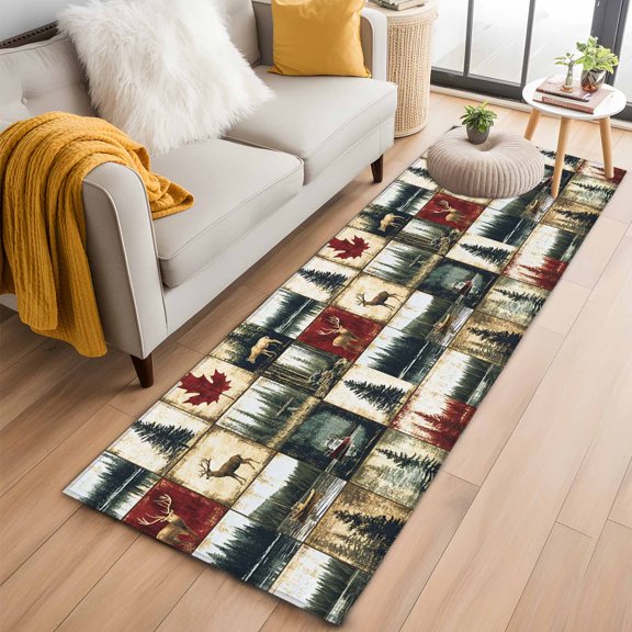 2x6 Washable Runner Rug, Retro Forest Non-Slip Hallway Runner for Entryway Kitchen Bedroom, Deer Maple Leaf Lake Distressed Patchwork Indoor Carpet Runner Floor Mat