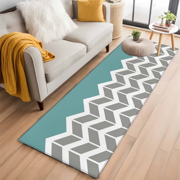 2x6 Washable Runner Rug, Teal Grey Non-Slip Hallway Runner for Entryway Kitchen Bedroom, Herringbone Indoor Carpet Runner Floor Mat