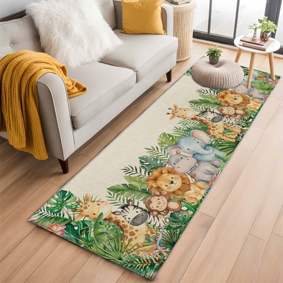 2x6 Washable Runner Rug, Tropical Botanical Non-Slip Hallway Runner for Entryway Kitchen Bedroom, Cute Zebra Lion Monkey Cartoon Elephant Giraffes Indoor Carpet Runner Floor Mat