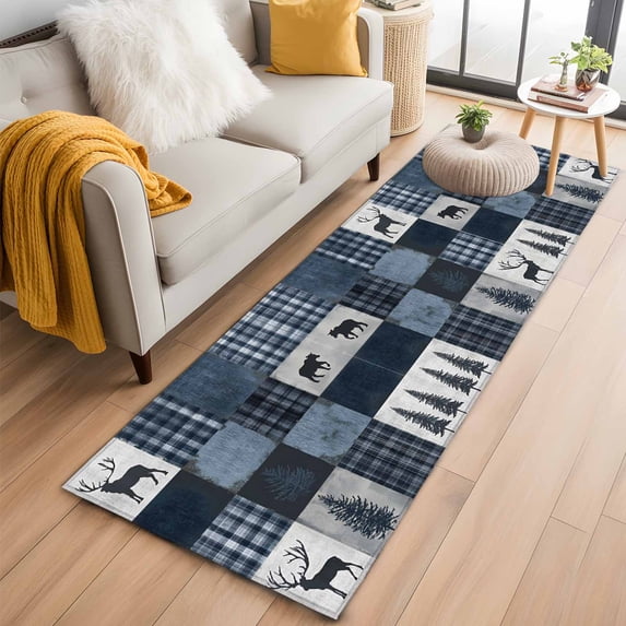 2x6 Washable Runner Rug, Vintage Blue Patchwork Non-Slip Hallway Runner for Entryway Kitchen Bedroom, Miu Deer Bear Tree Buffalo Plaid Modern Indoor Carpet Runner Floor Mat