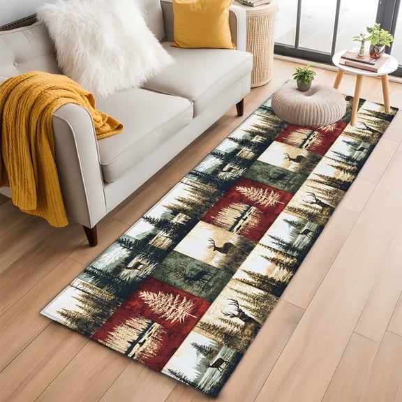 2x6 Washable Runner Rug, Vintage Forest Non-Slip Hallway Runner for Entryway Kitchen Bedroom, Deer Lake Scenery Distressed Patchwork Indoor Carpet Runner Floor Mat