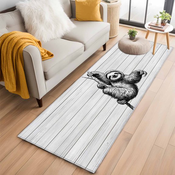 2x6 Washable Runner Rug, Vintage Lazy Non-Slip Hallway Runner for Entryway Kitchen Bedroom, Black Simple Animals Portraits White Wood Grain Indoor Carpet Runner Floor Mat
