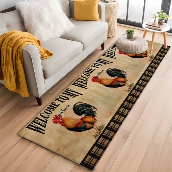 2x6 Washable Runner Rug, WELCOME TO MY FARMHOUSE Non-Slip Hallway Runner for Entryway Kitchen Bedroom, Country Rooster Brown Stripe Red Barn Retro Indoor Carpet Runner Floor Mat