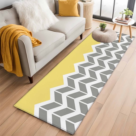 2x6 Washable Runner Rug, Yellow Grey Non-Slip Hallway Runner for Entryway Kitchen Bedroom, Herringbone Indoor Carpet Runner Floor Mat