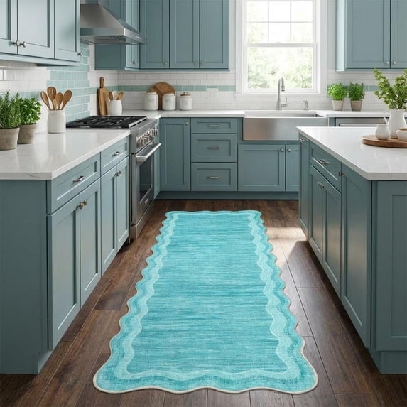 2x6 Washable Runner Rugs for Hallway Non Slip Kitchen Runner Rug with Rubber Backing, Modern Low Pile Scalloped Stain Resistant & Non-Shedding Rug Soft Indoor Carpet, Blue Green