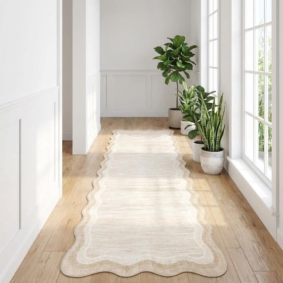2x6 Washable Runner Rugs for Hallway Non Slip Kitchen Runner Rug with Rubber Backing, Modern Low Pile Scalloped Stain Resistant & Non-Shedding Rug Soft Indoor Carpet, Beige