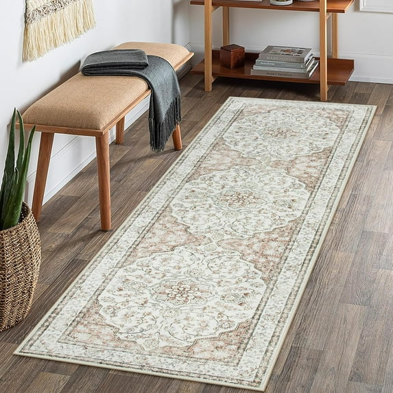 2x6 Washable Runners for Hallways Non-Slip Bathroom Rug Runner 6ft,Ultra-Thin Soft Indoor Rug Boho Traditional Carpet Runner for Bedroom Laundry Room Terracotta