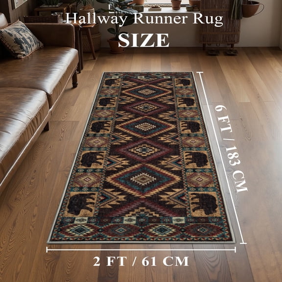 CHAKME 2x6 Washable Southwestern Area Rug, Rustic Cabin Geometric Bear Carpet, Soft Non-Slip Foldable Floor Mat for Living Room Bedroom, Dark Charcoal & Burgundy Red