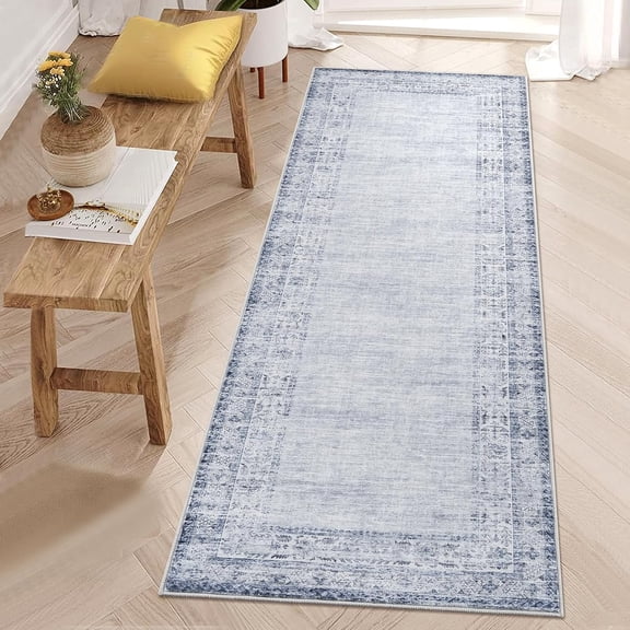 2x6 Washable Vintage Border Runner Rug, Non-Slip, Low Pile, Stain-Resistant Boho Throw Carpet for Kitchen, Hallway, Living Room, Bedroom, Blue.