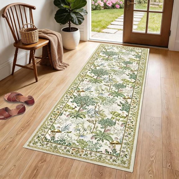 2x6 Washable Vintage Floral Rug for Porch Hallway Non Slip Soft Kitchen Rugs Retro Medal Indoor Accent Runners Low Pile Thin Foldable Floor Covers for Office Living Room Bedroom Camel