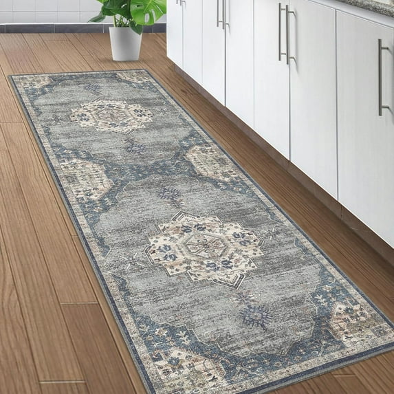 2x6 Washable Vintage Medallion Area Rug - Distressed Design for Living Room and Entryway,Grey-Blue