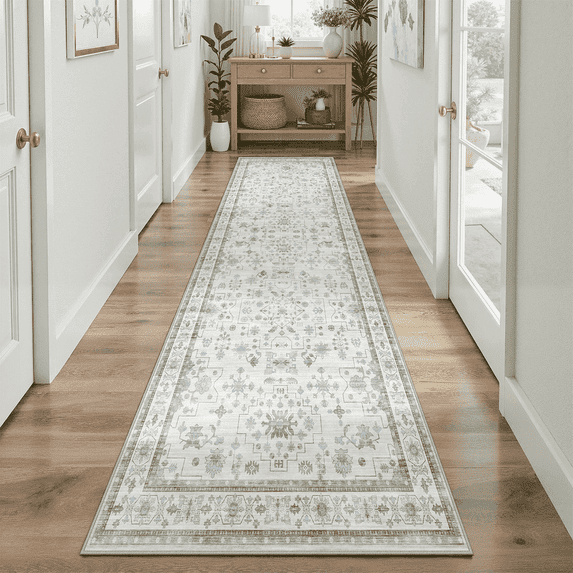 2x6 carpet, small retro Bohemian carpet, washable anti-slip carpet, suitable for kitchen, corridor, low pile soft tone errand green and cream-Green