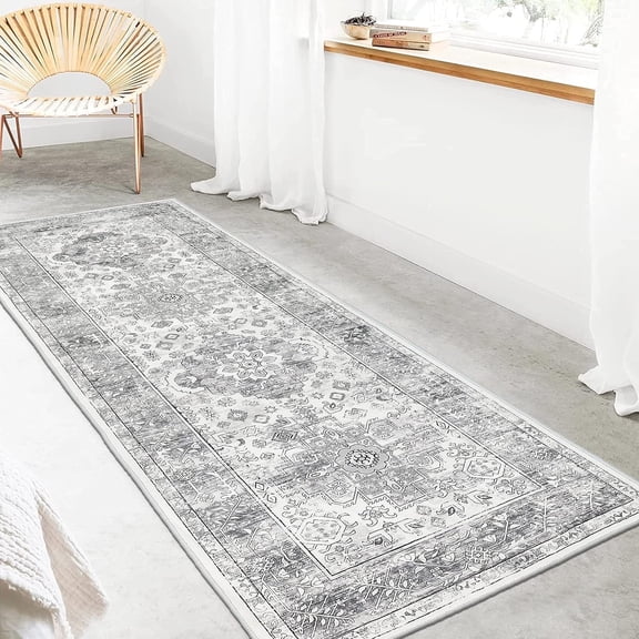 Yamaziot 2'x6' Boho Runner Rug for Hallway, Washable Laundry Room Rug, Farmhouse Kitchen Mat, Non-Shedding Gray Carpet for Bedroom, Living Room, Dining Room