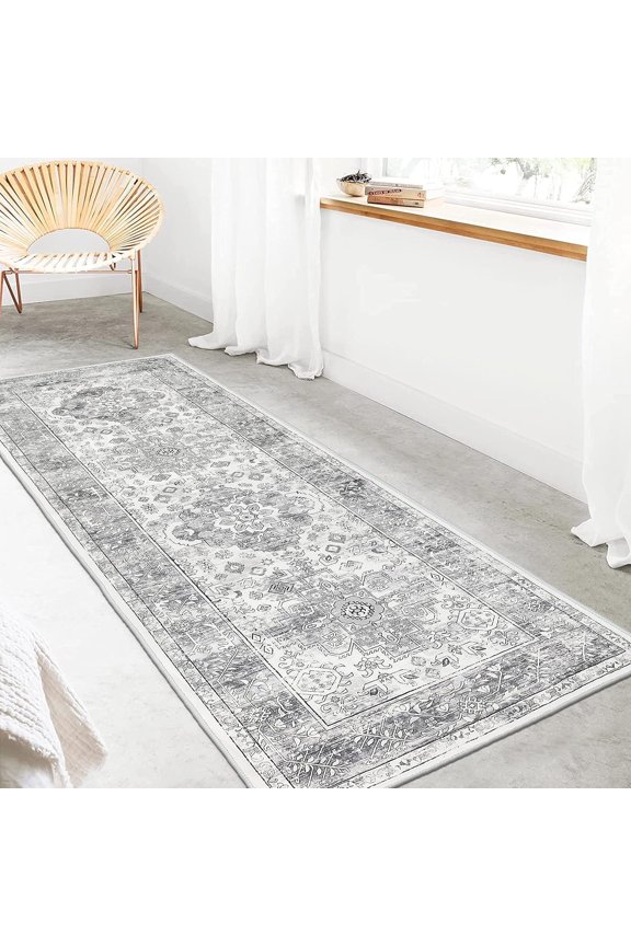 2'x6' Boho Runner Rug for Hallway, Washable Laundry Room Rug, Farmhouse Kitchen Mat, Non-Shedding Gray Carpet for Bedroom, Living Room, Dining Room