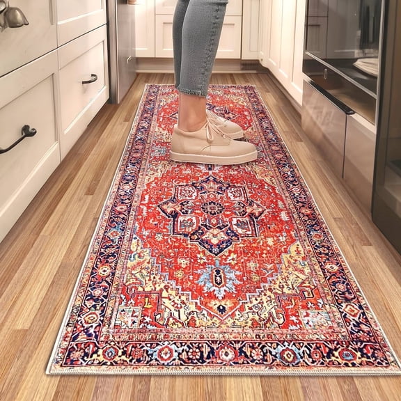 2x6 ft Red runner rug , Laundry rug runner, Washable runner rug, Non-Slip Area rug runner for Hallway, Waterproof Boho runner rug for Bathroom and Entryway rug runner