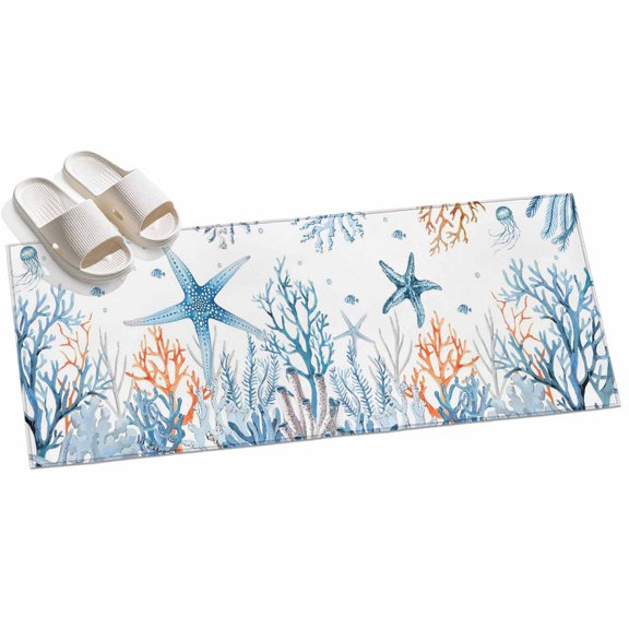 2x6ft Area Rug,Blue Coral Starfish Jellyfish on White Washable Large Rugs Soft Non-Slip Floor Rug Ocean Marine Life Non-Shedding Indoor Carpets for Living Room Bedroom Home Office Nursery